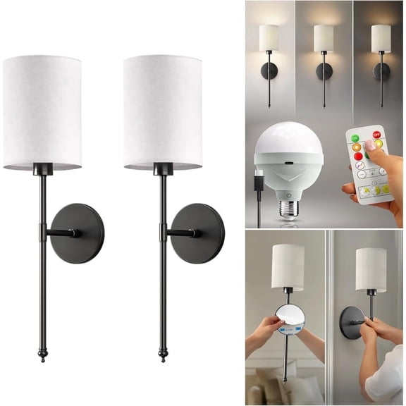 Silvery Vintage 2-Pack Wireless Wall Sconces, Rechargeable LED with Remote Control, Adjustable Brightness & Color Temp, Drill-Free Adhesive Mount