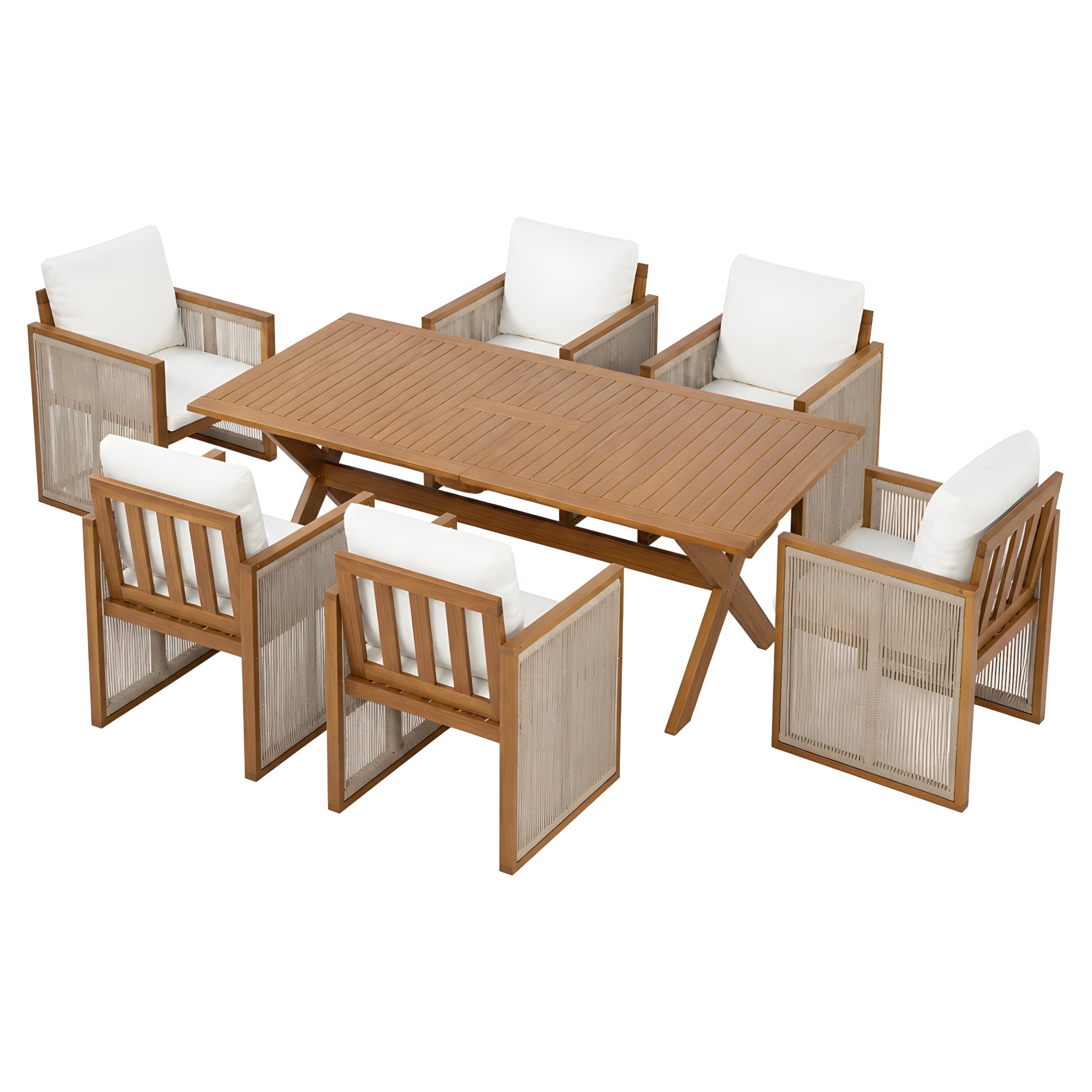 Christopher Knight Home 7-Piece Modern Outdoor Wood Dining Set, Extendable Table with Rope Chairs, Teak+Cream+Beige