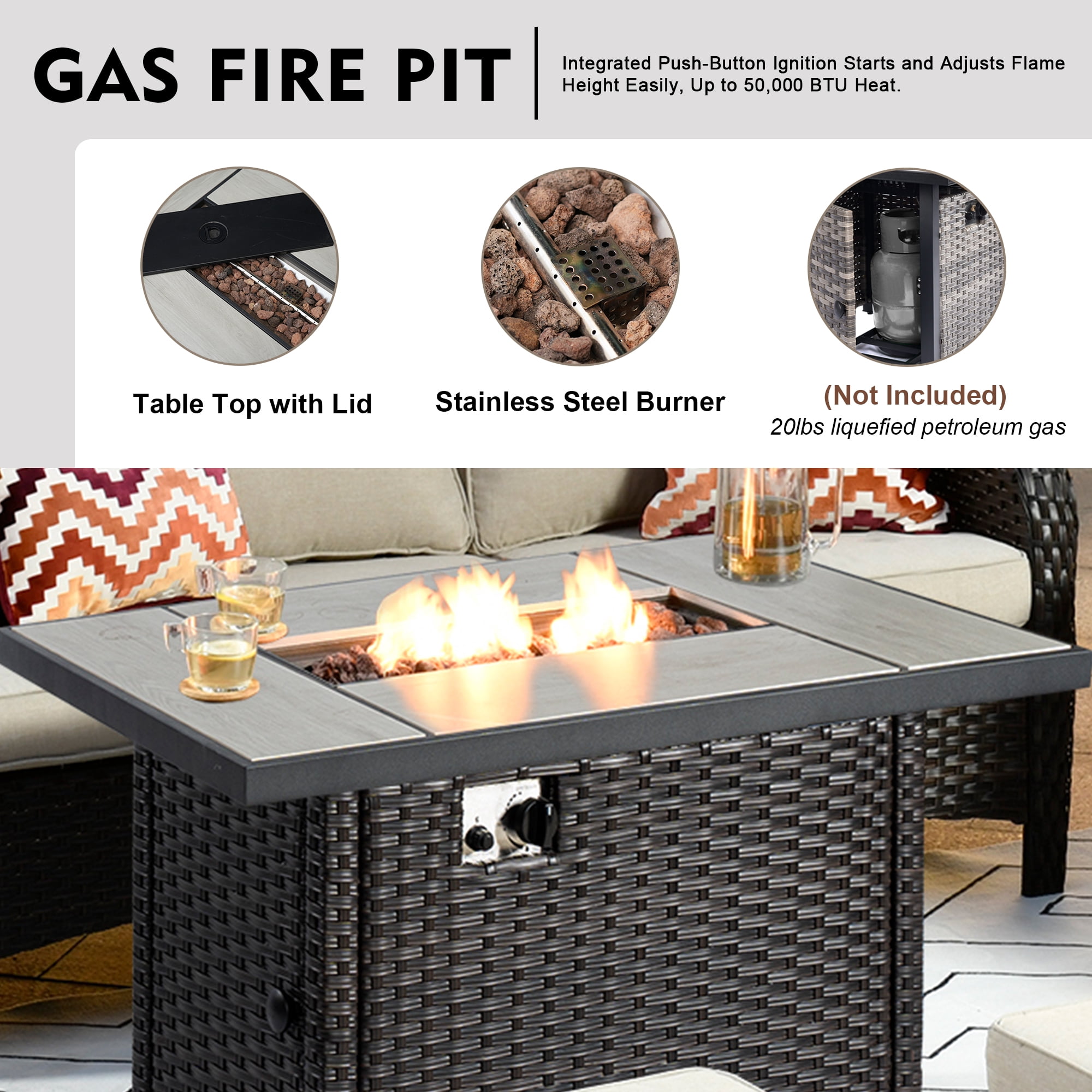 Ovios 5 Pieces Outdoor Patio Furniture with Rectangle Fire Pit Table Wicker Patio Sectional Sofa with Loveseat for Backyard