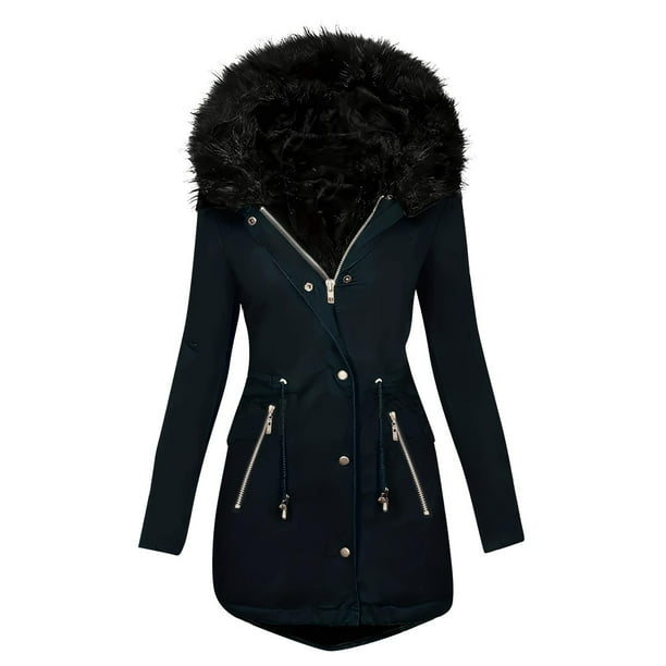 Parkas de manga larga para mujer, chaqueta con botones y cordón, con cremallera y doble bolsillo, de felpa, con capucha y manga larga, de algodón