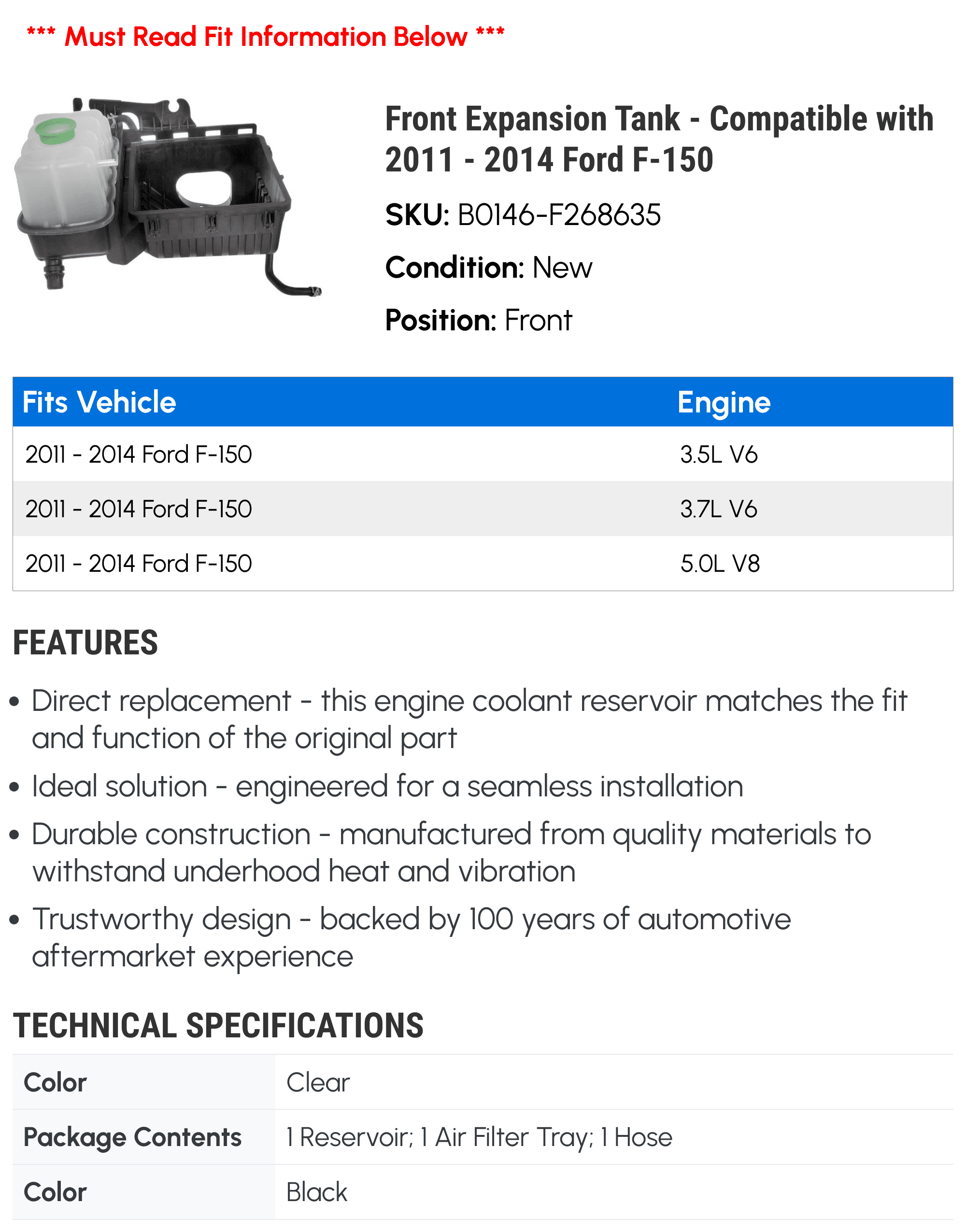 Front Expansion Tank - Compatible with 2011 - 2014 Ford F-150 - Dorman