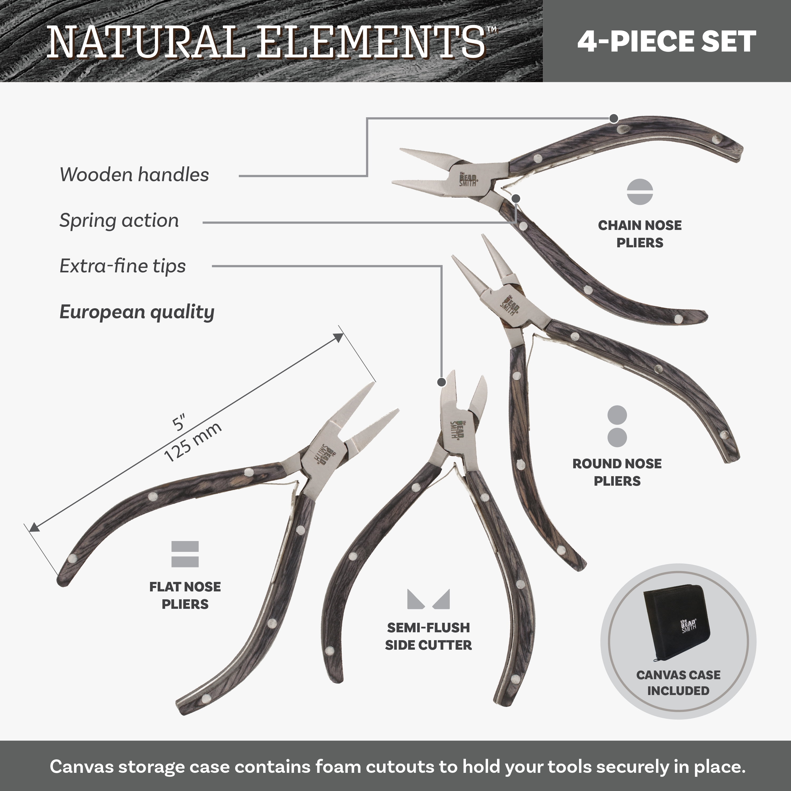 The Beadsmith Natural Elements Pliers Set - 4-Piece Kit: Chain Nose, Round Nose, Flat Nose, Side Cutter and Canvas Carrying Case – Black Wooden Handles - Tools for Jewelry Making