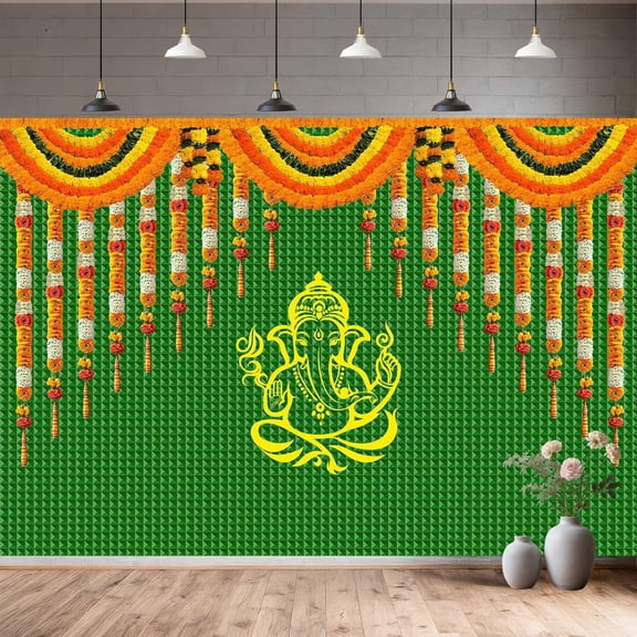 India Pooja Traditional Backdrop Marigold Green Banana Leaf Chatiya Ganesh Traditional Festival Photography Background Puja Ganpati Wedding Party Decorations Banner Supplies Photo Booth Props