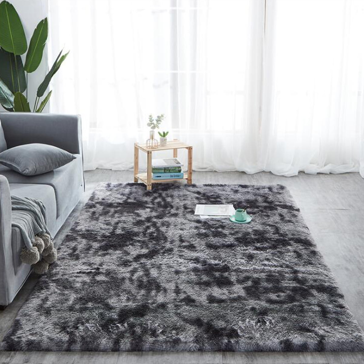 Floor Mats Area Rugs Tie Dye Shag Carpet Gradient Color Plush Anti-Slip Home 
