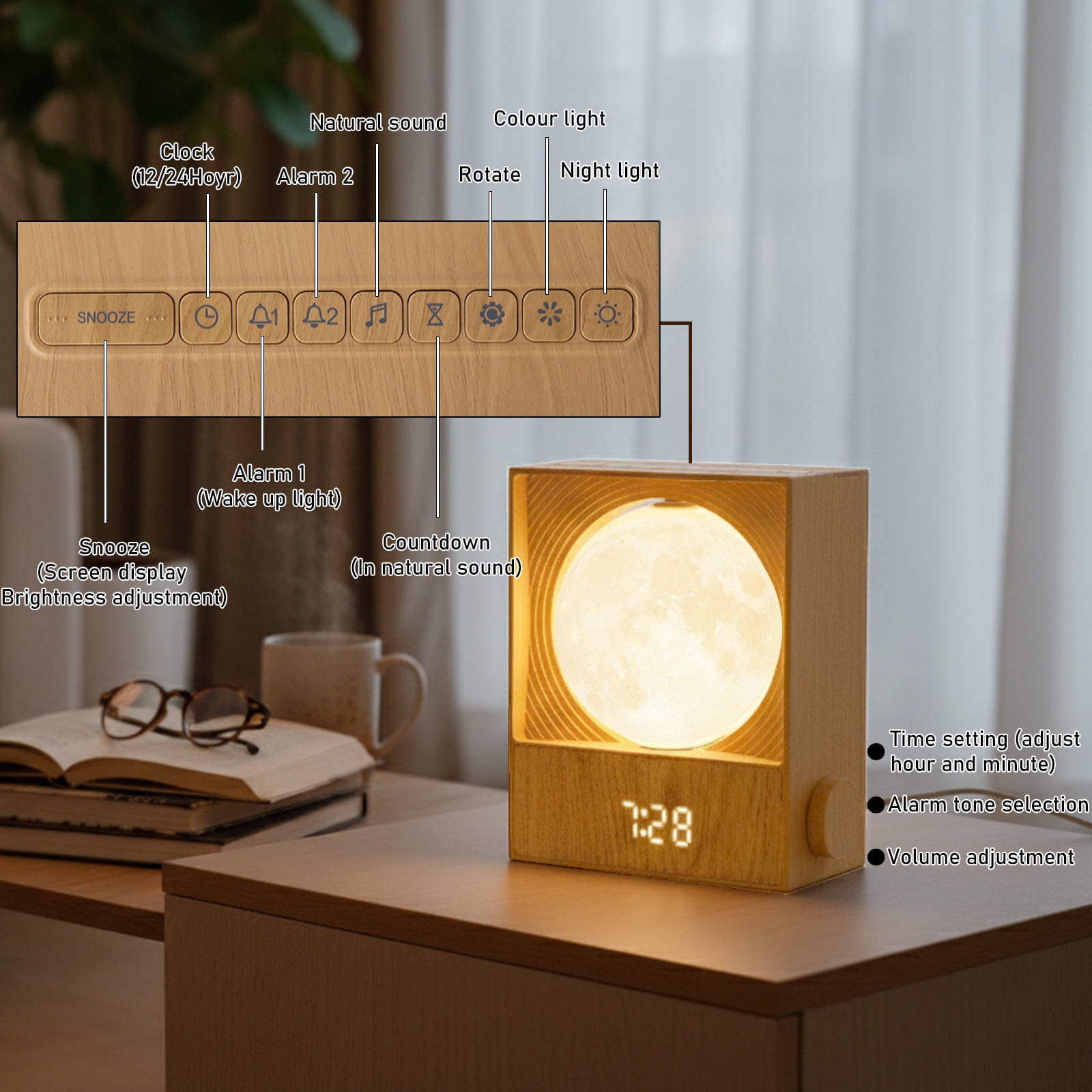 Rotating Moon Sunrise Alarm Clock with Wake Up Light & Sleep Aid