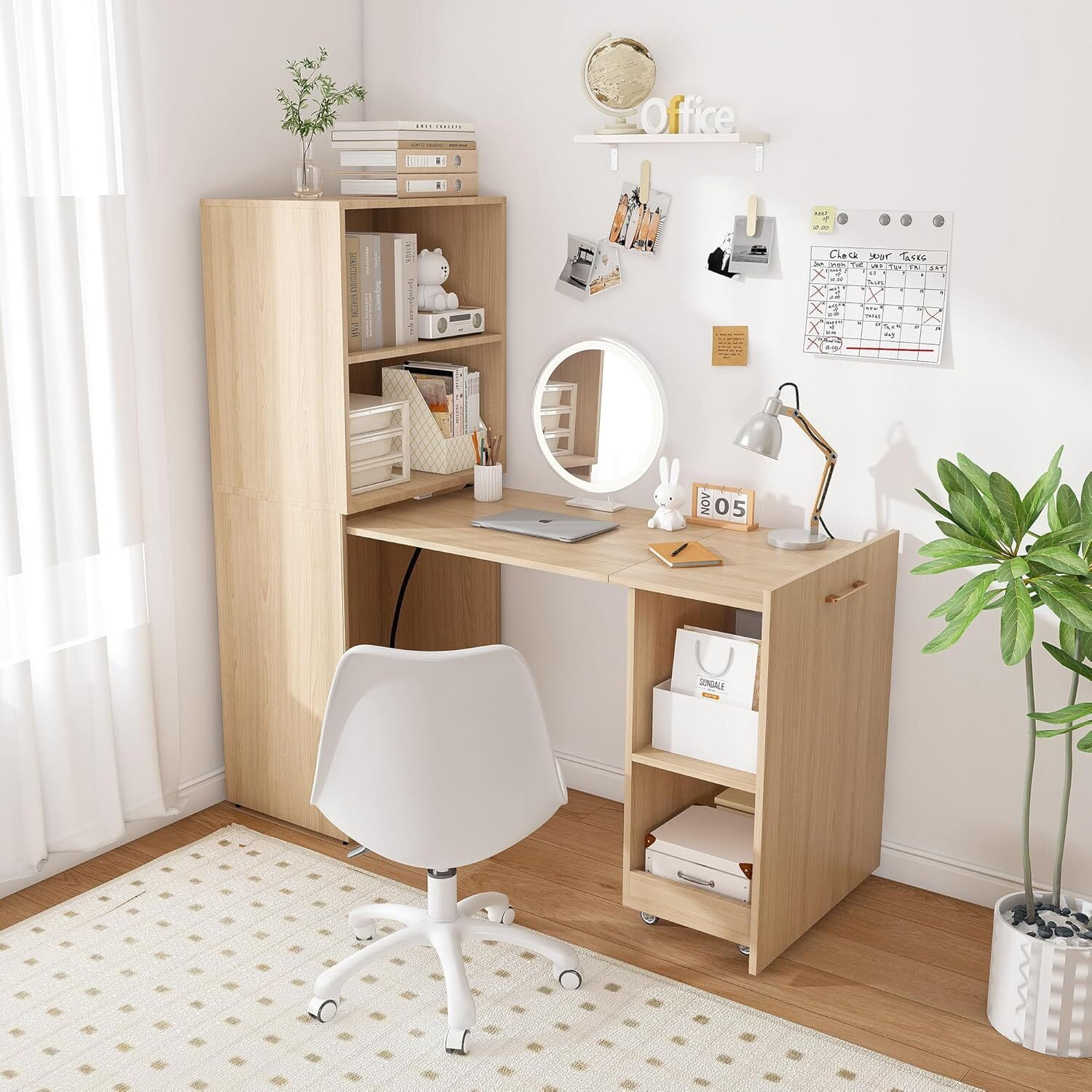 Montary Mobile L-Shaped Desk with Shelves & Wheels, Foldable & Expandable Office Desk for Small Spaces (Natural)