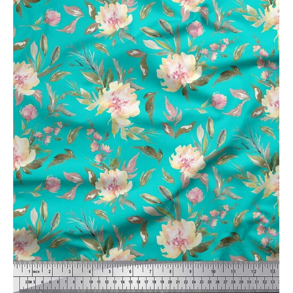 Soimoi Green Cotton Duck Fabric Leaves & Peony Floral Printed Fabric 1 Yard 42 Inch Wide