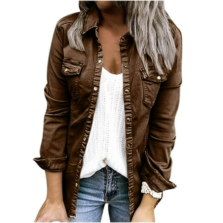

Women s Stretch Basic Button Down Slim Fit Long Sleeves Fitted Denim Jean Jackets