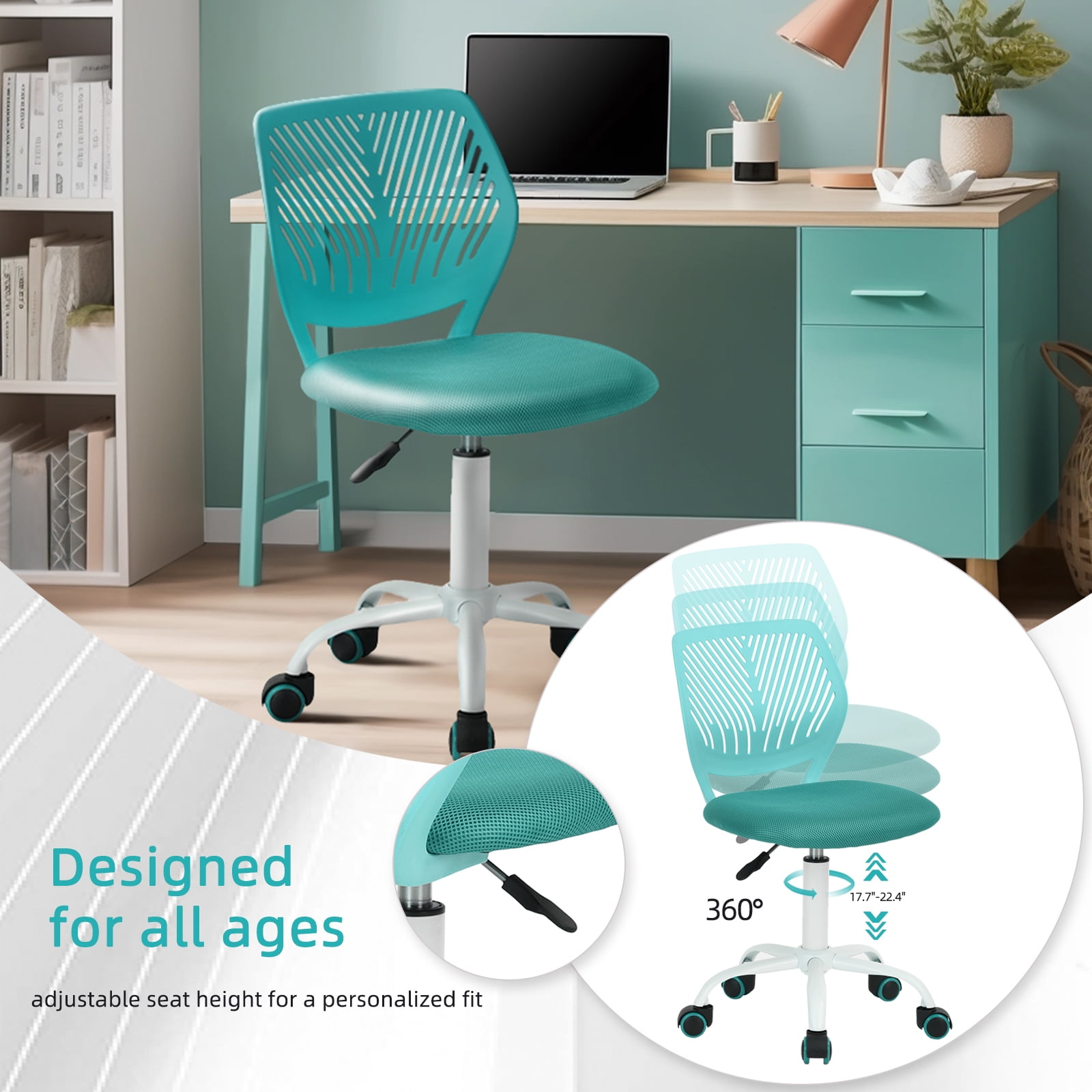 Homy Casa Teens Task Home Office Chair Ergonomic Small Cute Chair, Lumbar Support Breathable Mesh Seat for Student,Turquoise