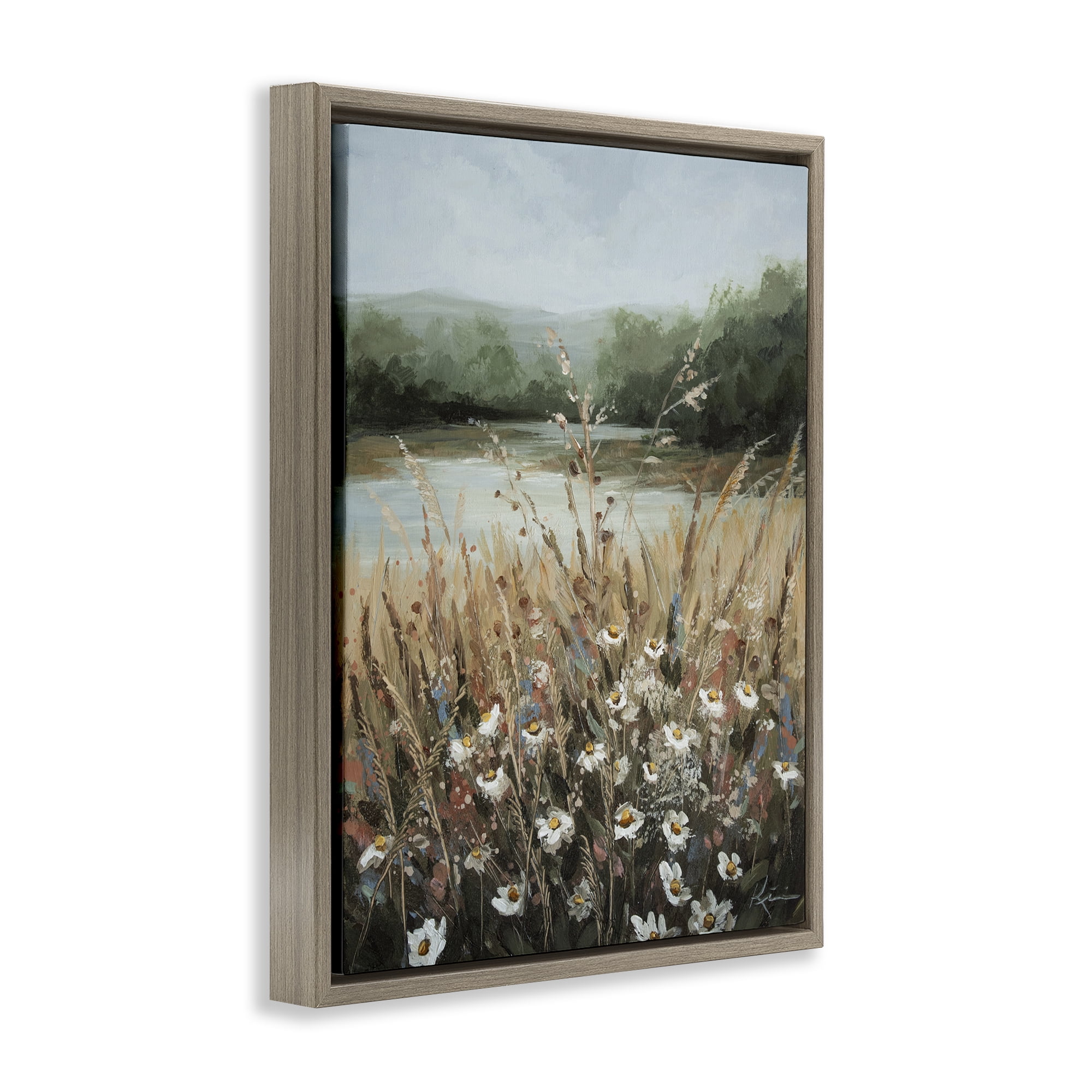 Stupell Industries Wild Blooms by Marsh Landscape & Nature Painting Brown Floater Framed Canvas Art Print Wall Art, 17 x 21