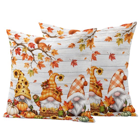 Gnomes Fall Outdoor Waterproof Pillow Covers, Maple Leaf Thanksgiving Pumpkins Grey Wood Decorative Square Throw Pillowcase Sofa Cushion Sham for Patio/Couch/Chair, 20"x20" 2 Pack