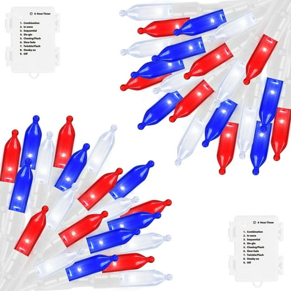 2 Pack 50 LED Outdoor Christmas Lights, 16 FT Mini String Light with 9 Modes & 6 Hour Timer, Waterproof Battery Operated for Indoor Patio Garden Party Tree Valentine's Day Decoration,blue red white