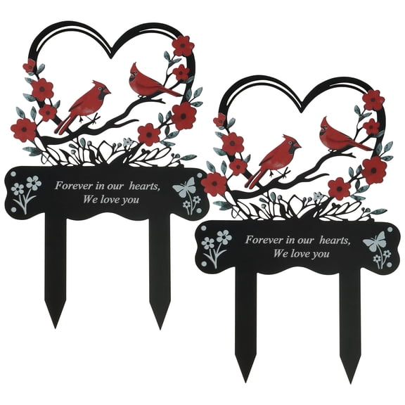 Threns 2 Pcs Memorial Grave Markers for Cemetery, Heart Memorial Plaque Stake Cardinals Garden Stake Memorial Metal Grave Stake Decoration for Mom Dad Cemetery Outdoors Yard Garden