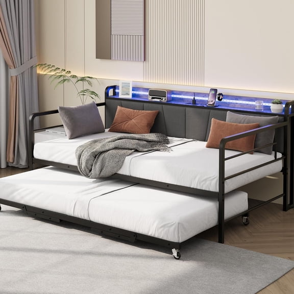 Daybed with Trundle Bed, Twin Bed Frame with Linen Upholstered Storage Headboard & Charging Station and LED Light, Heavy Duty Metal Day Bed Pop Up Trundle Bed for Living Room,Bedroom, Black