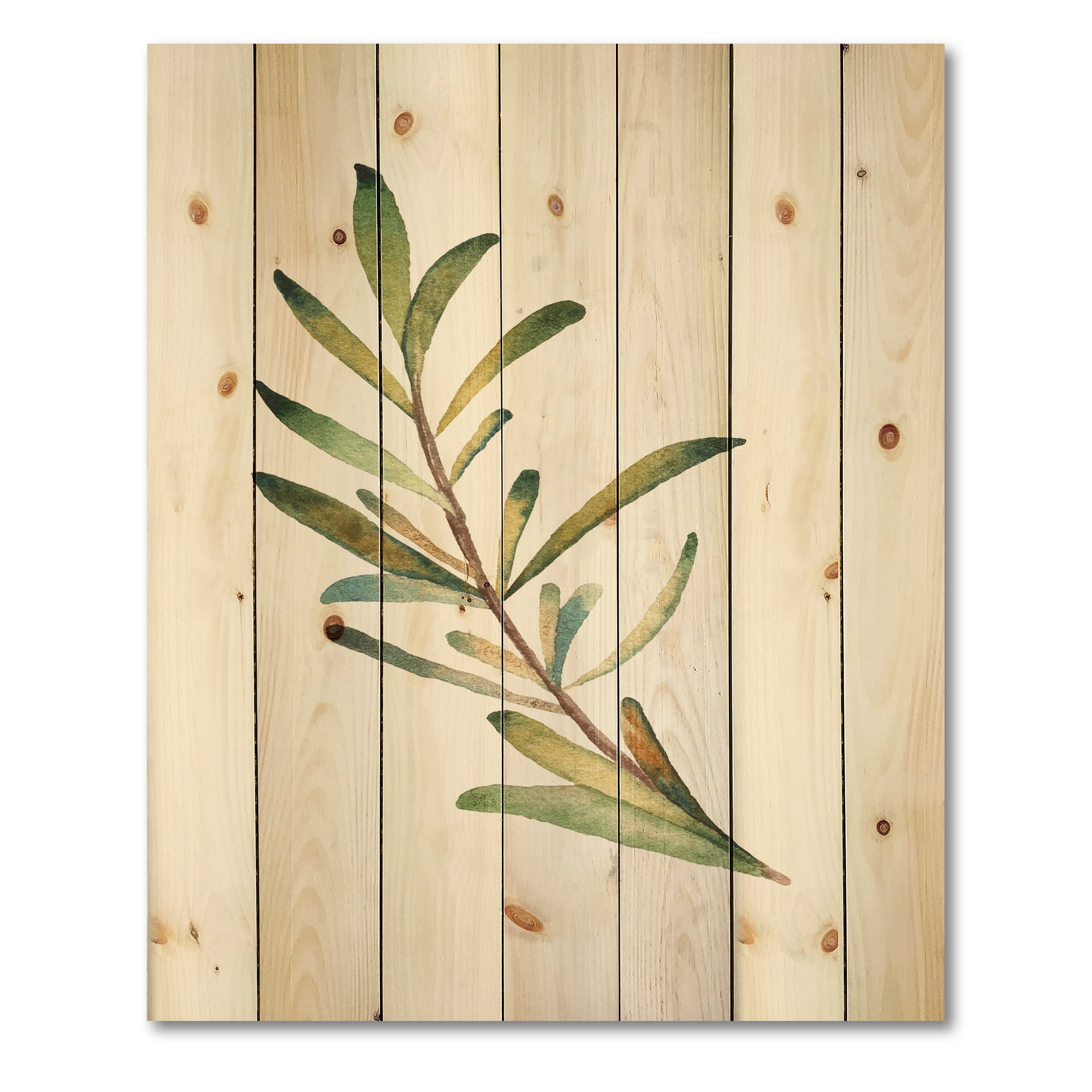Designart 'Leaf Rosemary Branch on White' Traditional Print on Natural Pine Wood