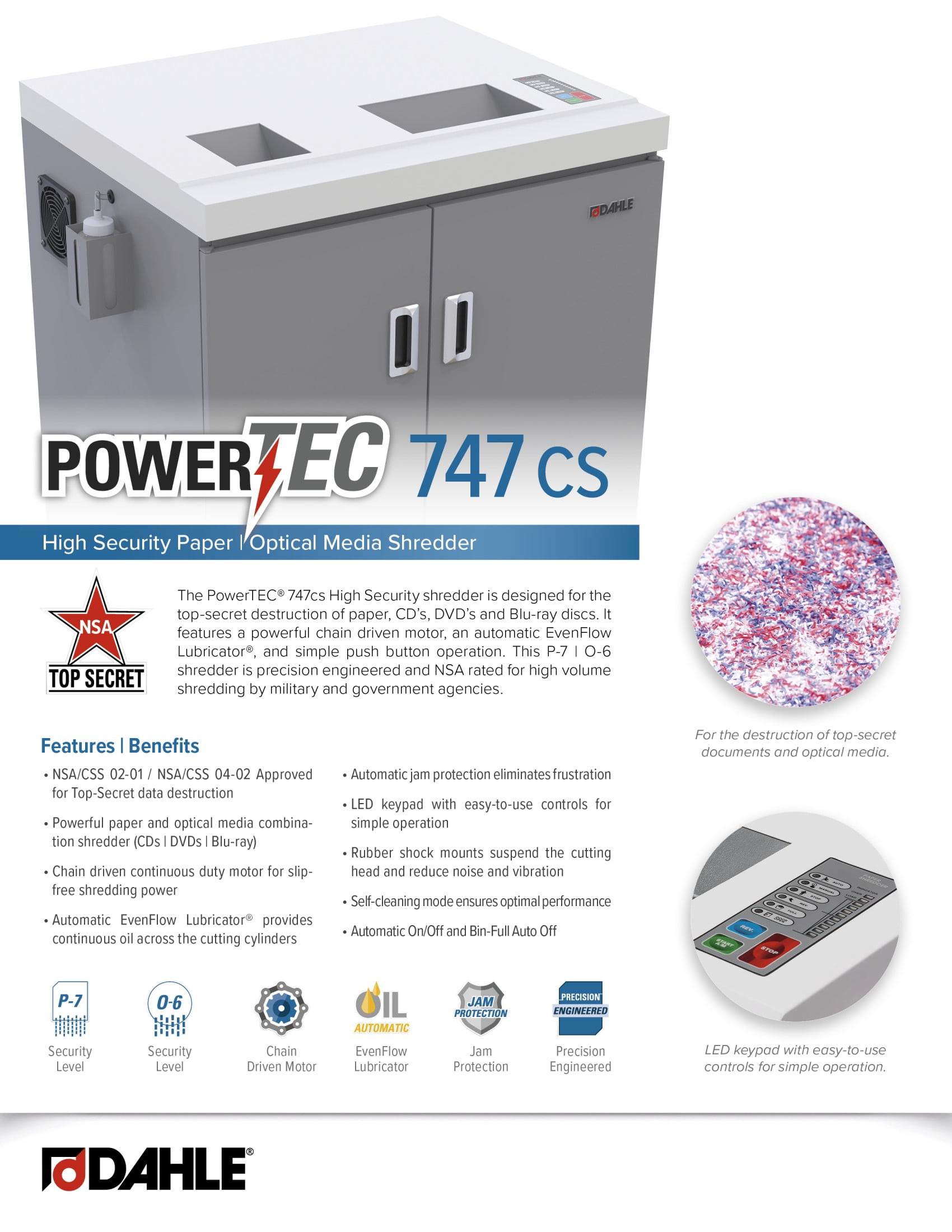 Dahle PowerTEC 727 CS Paper & CD Shredder for Top-Secret Data, Auto Oiler, Level P-7 | O-5