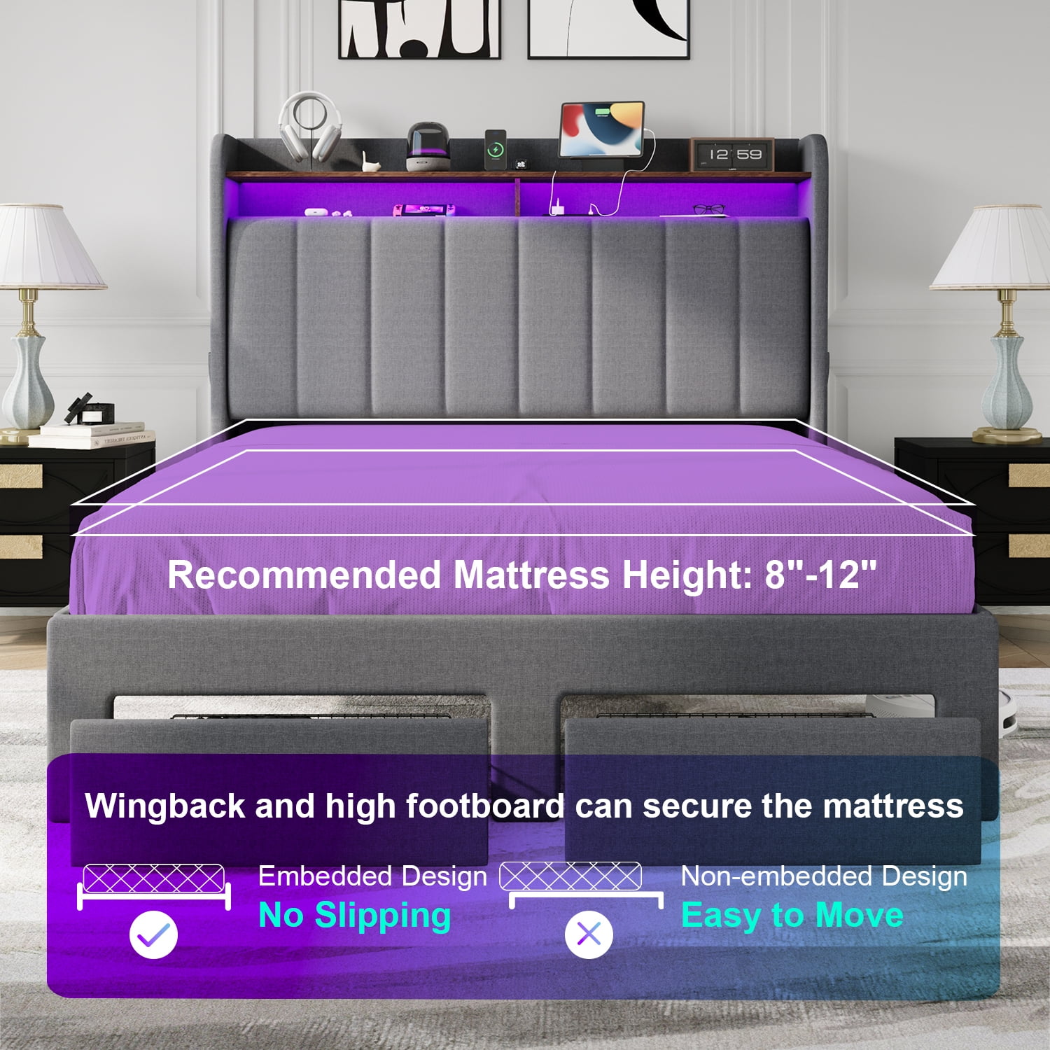 Amolife Full Size Platform Bed Frame with 2-Tier LED Storage Fabric Wingback Headboard & 2 Storage Drawers, USB & Type-C Charging Ports, Dark Grey