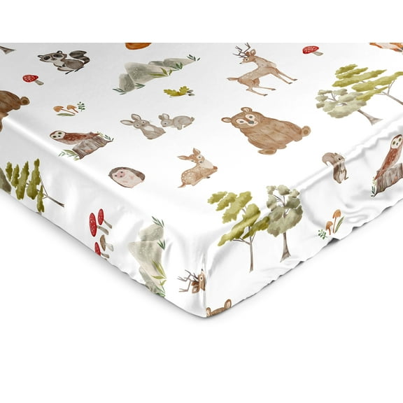 Sweet Jojo Designs Watercolor Woodland Forest Animals Boy Girl Gender Neutral Unisex Satin Fitted Crib Sheet