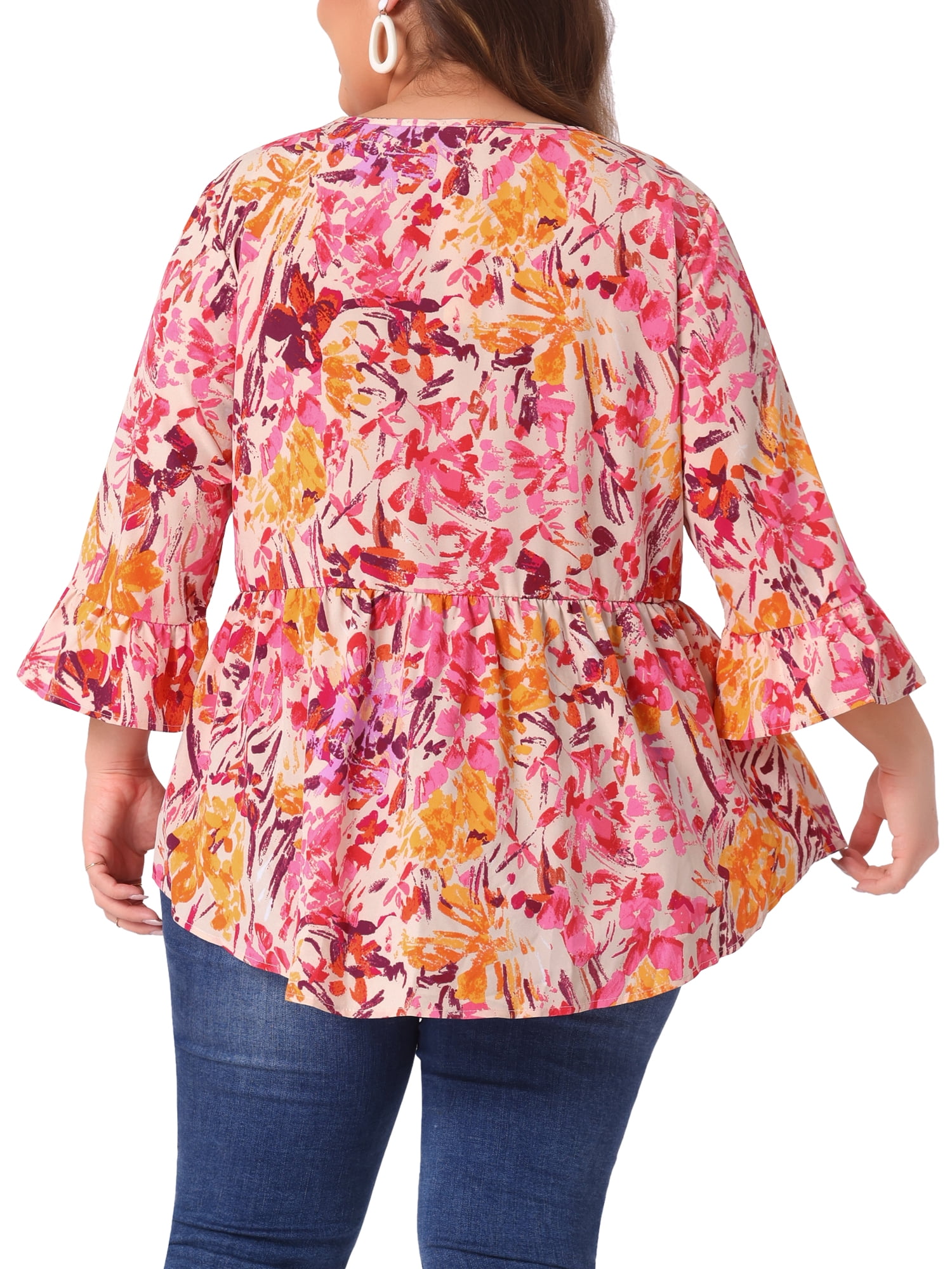 Women's Plus Floral Blouses V Neck Ruffle 3/4 Sleeve Babydoll Peplum Tops 2X Orange Pink