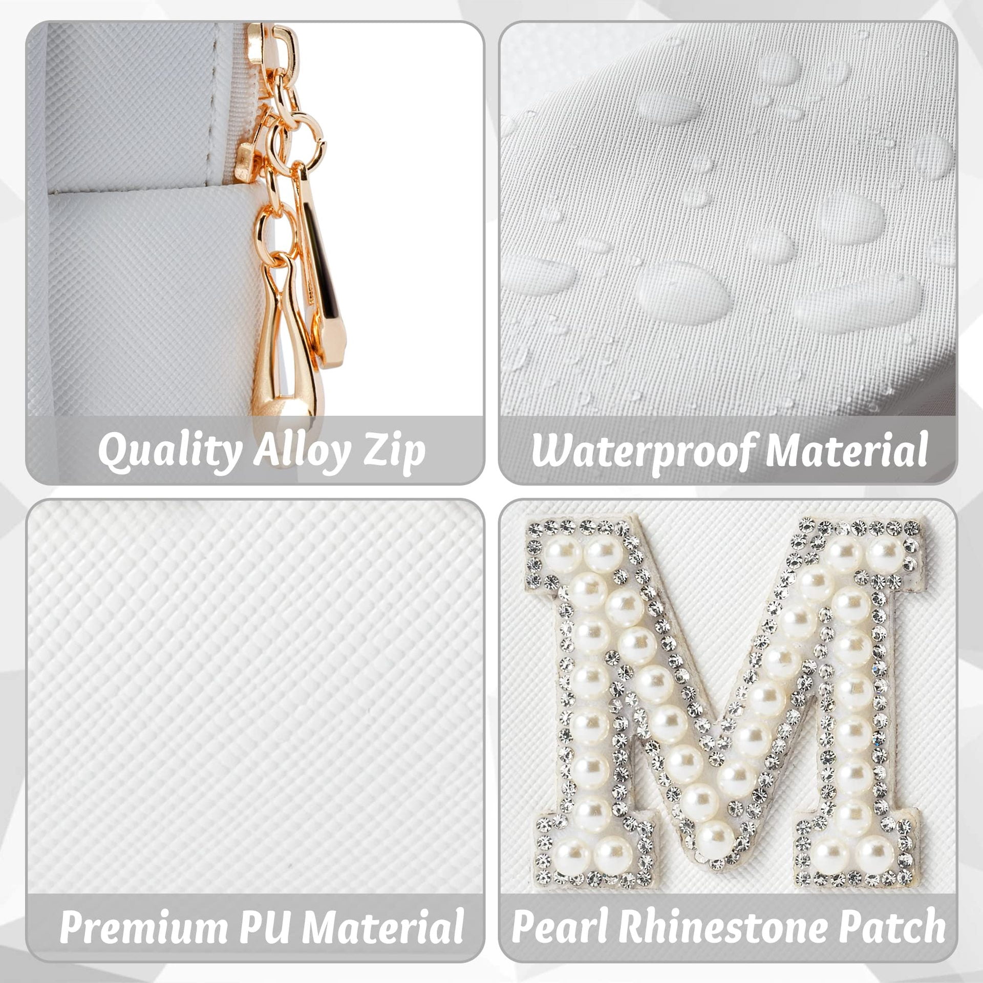 Luxury Pearl Rhinestone Bride Makeup Bag White PU Leather Bridal Travel Toiletry