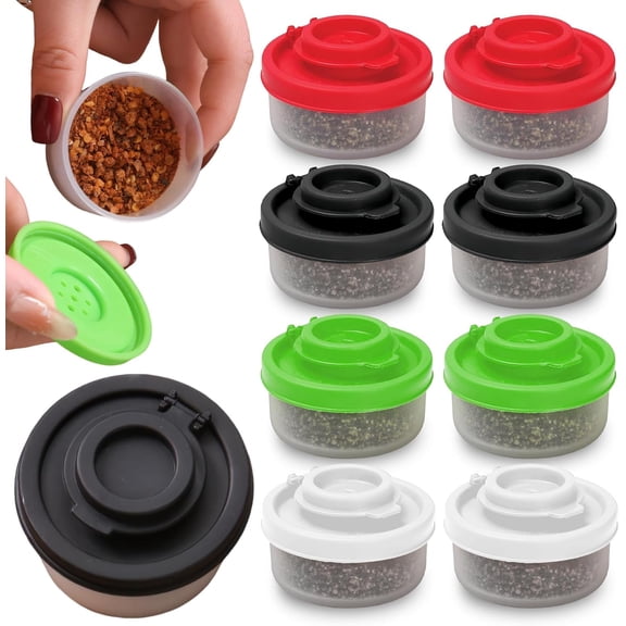 ABCISI 8 PCS of Mini Salt and Pepper Shakers, Portable Travel Spice Containers, Waterproof Mini Salt Shaker, Food Grade Plastic, Good Sealing, Suitable for Camping and Picnic (Black,White,Red,Green)