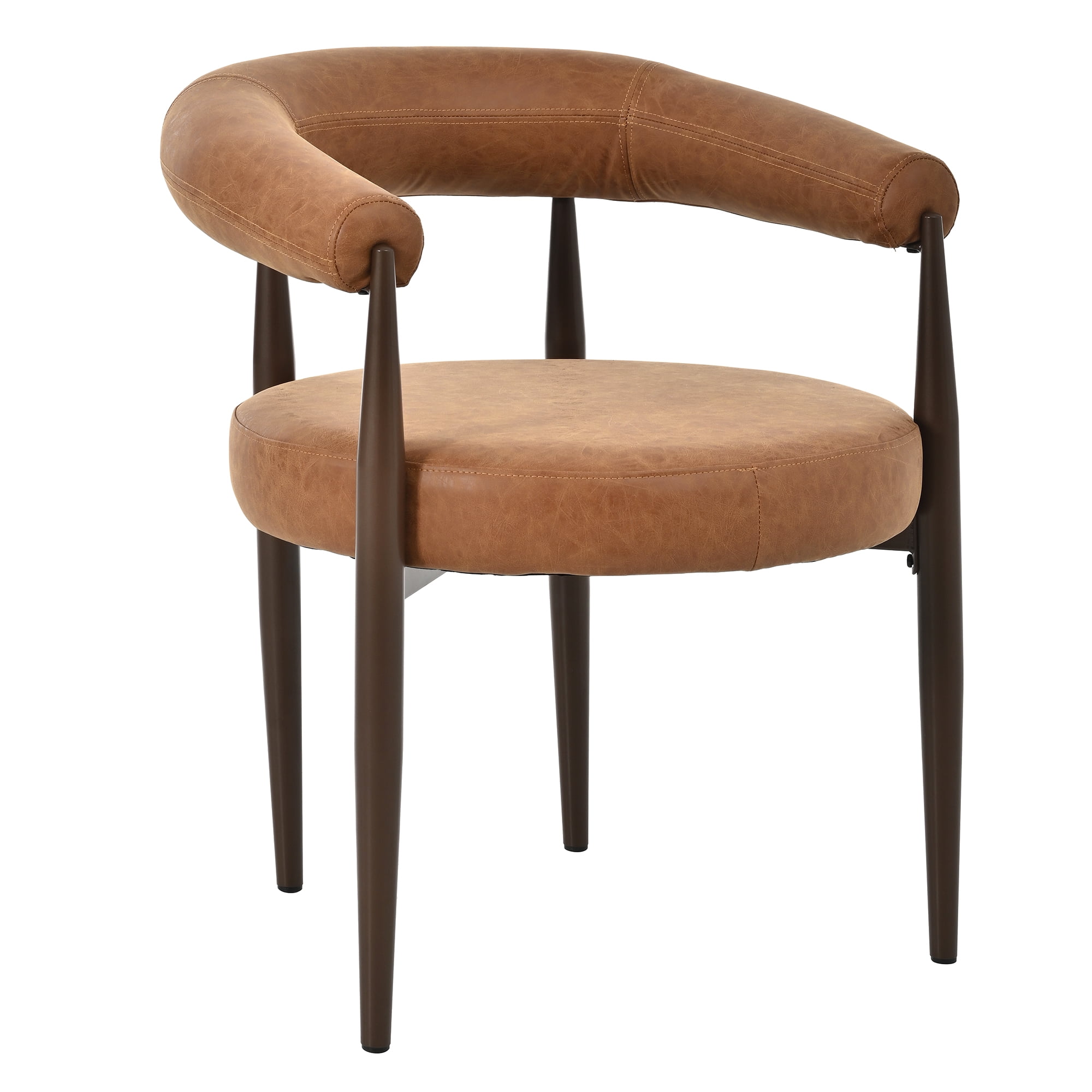2 Pcs Curved Back Dining Chairs, Iron Frame Upholstered PU Leather Accent Side Chairs, Reddish Brown Coffee-Gold Vintage Barrel Dining Arm Chairs for Kitchen Dining Room Restaurant