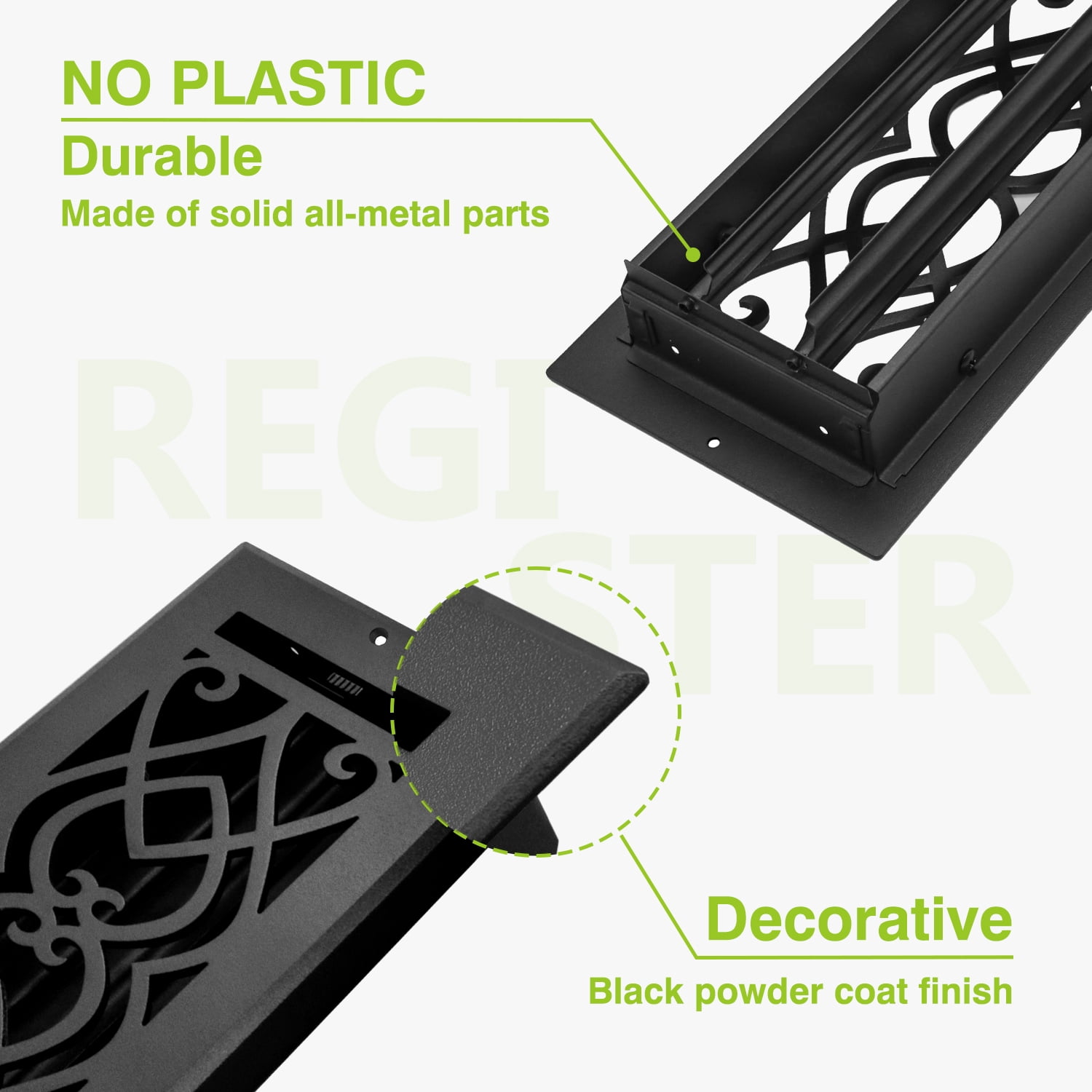 Naiture Stainless Steel Wall Register, Heavy Duty Rust-Resistant Wall Vent Cover, Metal Damper or Lever, Victorian Style Grille Wall Vent, Duct Size 4" X 14", Black Finish