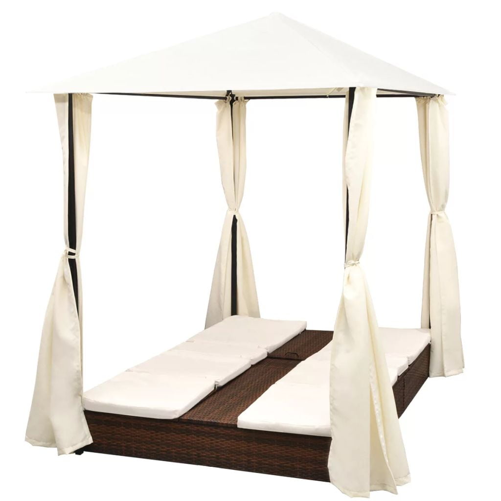 Kepooman Patio Rattan Double Sun Lounger Set with Curtains for Beach Garden, Brown Kepooman Patio Rattan Double Sun Lounger Set with Curtains for Beach Garden, Brown
