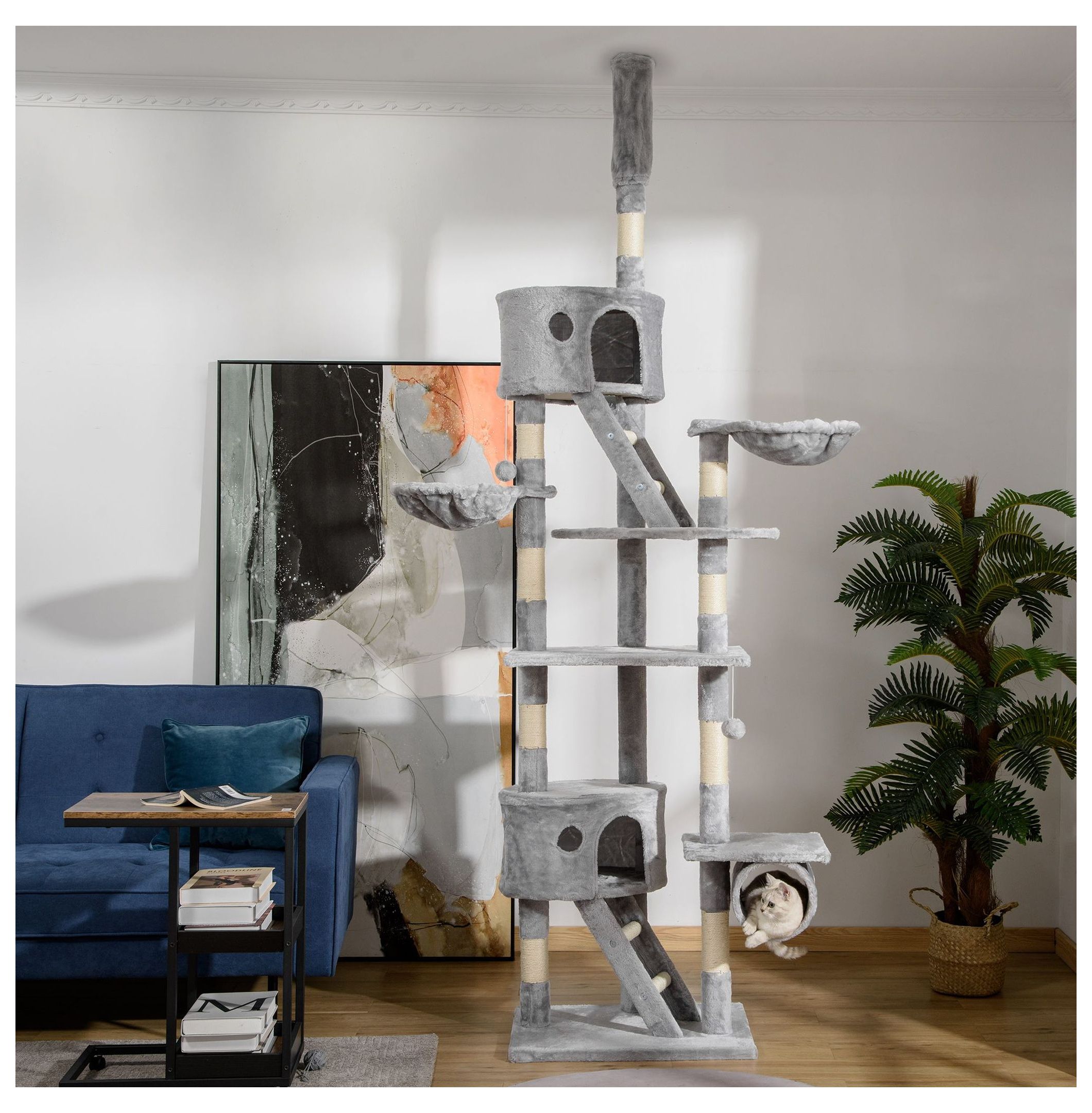 Cat Tree Floor to Ceiling, 94.5-102.5" Adjustable Cat Tower with Scratching Posts, Hammocks & Condos - Tall Climbing Tree for Indoor Cats