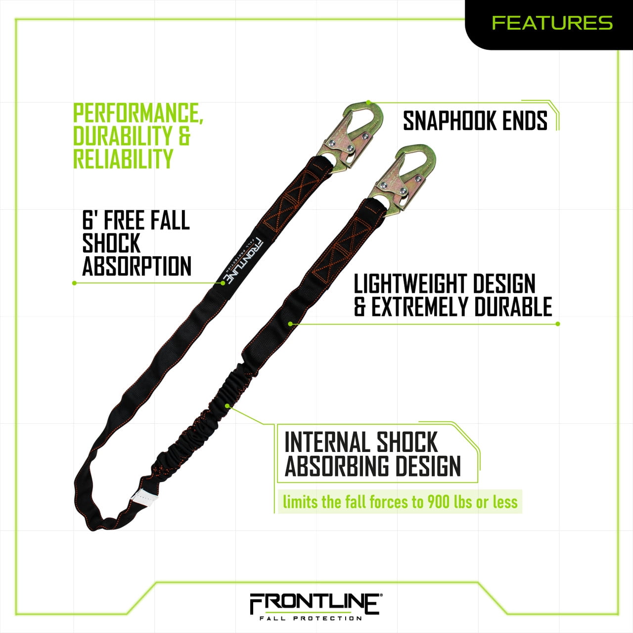 Frontline LIS61S 6' Single Leg Snap hook Lanyard with Internal Shock Absorber