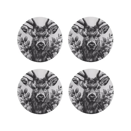 

Tideii Monochrome Deer Floral for Leather Coasters 4 Pieces Anti-fouling and Anti-scalding Decorative Coasters Suitable for Restaurants Kitchens Coffee Shops-Round Shape