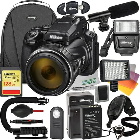 Ultimaxx Deluxe Nikon COOLPIX P1000 Digital Camera Bundle - Includes: 128GB Extreme Memory Card, Replacement Battery, LED Video Light & Much More