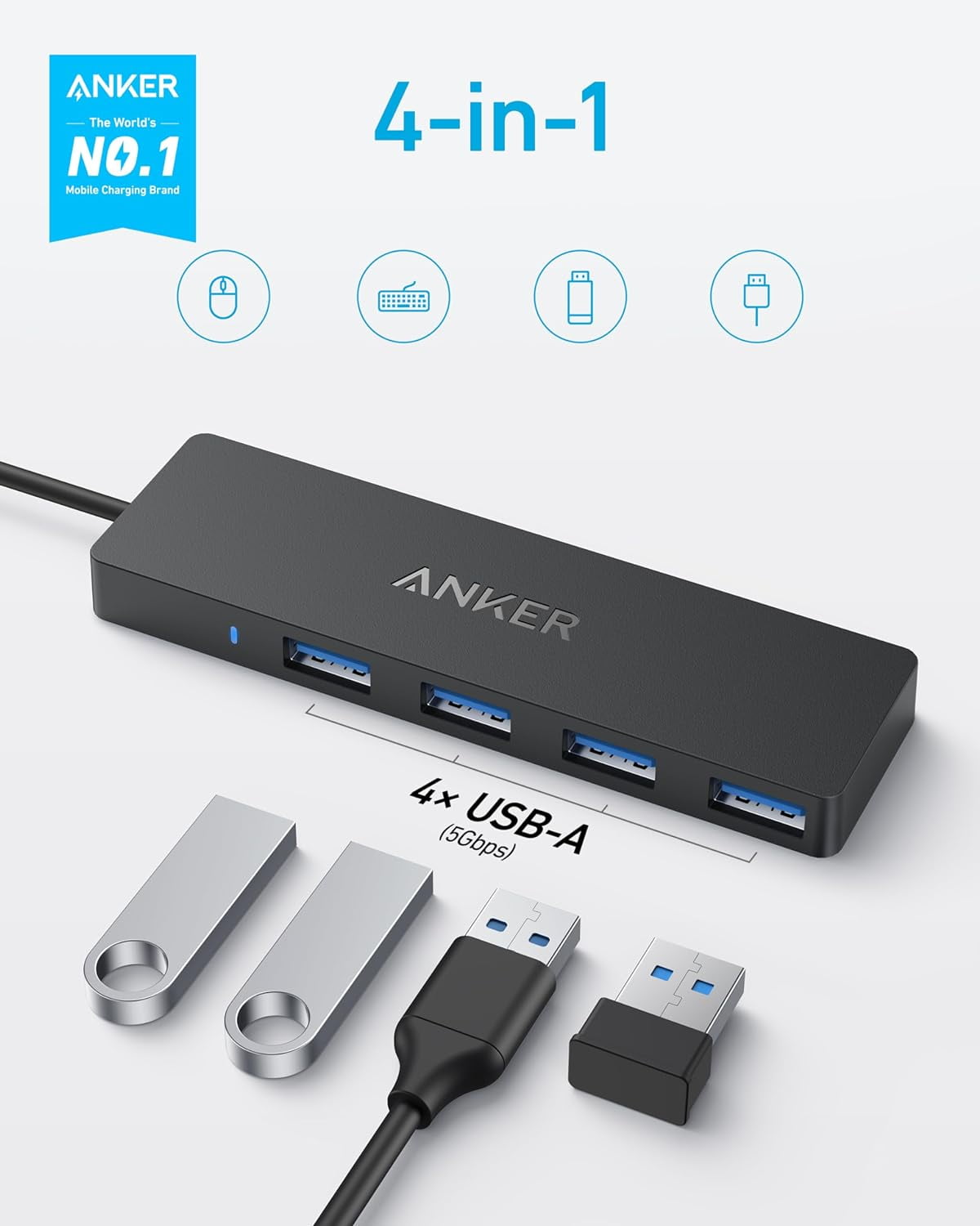 Anker USB C Hub 4 Ports, Multiple USB 3.0 Hub with 5Gbps Data Transfer, Extender for Type C Port Laptop, PC, Desktop and More (2 ft USB-C Connector, Charging Not Supported)
