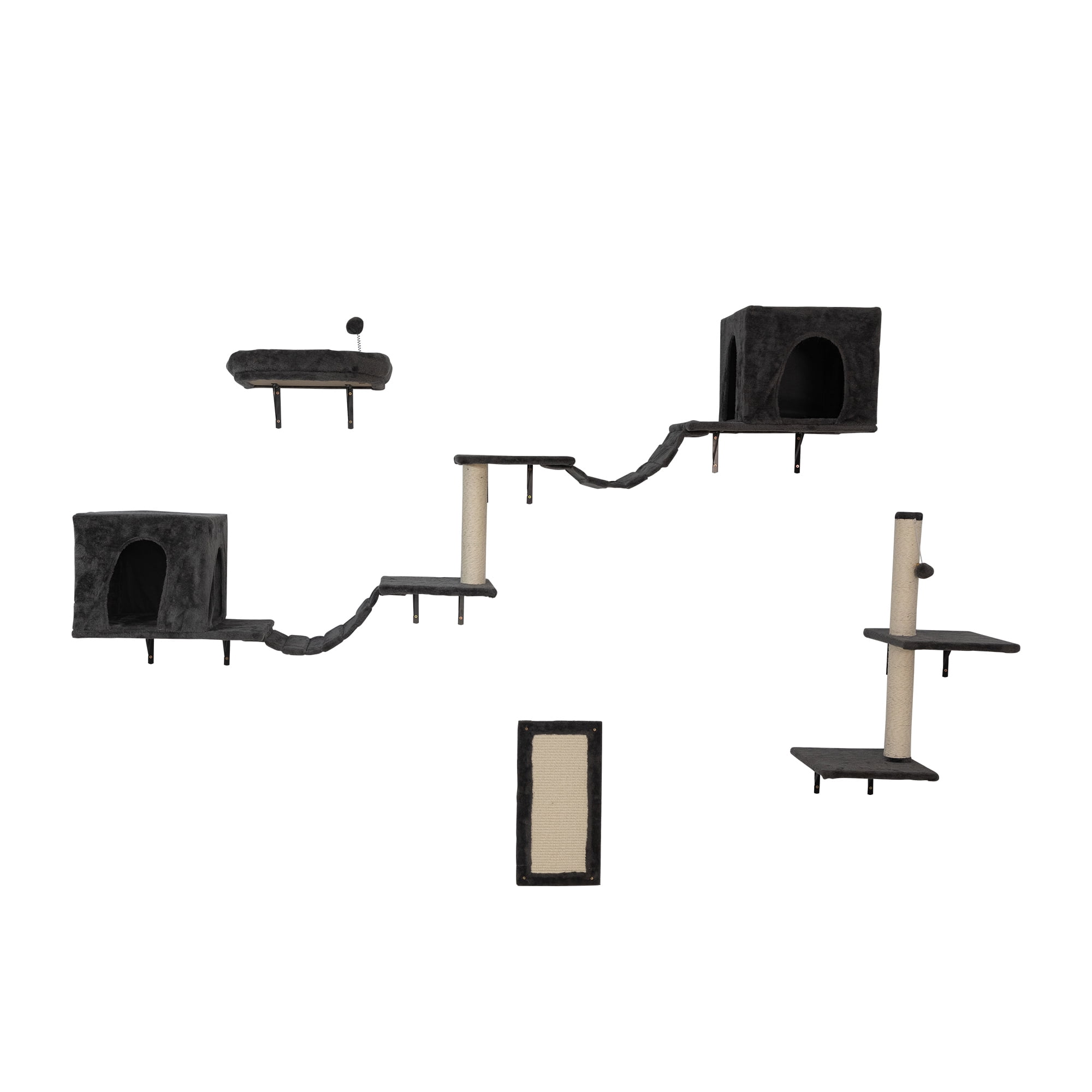 Pefilos 6 Set Wall-mounted Cat Tree House, Cat Furniture with 2 Cat Condos, 3 Cat Wall Shelves, 2 Ladder, 1 Cat Perch, Sisal Cat Scratching Posts and Pad, Dark Gray Pefilos 6 Set Wall-mounted Cat Tree House, Cat Furniture with 2 Cat Condos, 3 Cat Wall Shelves, 2 Ladder, 1 Cat Perch, Sisal Cat Scratching Posts and Pad, Dark Gray