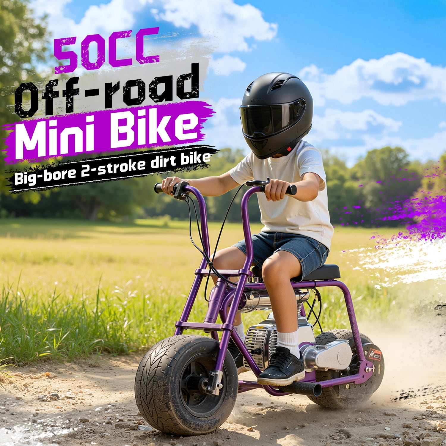 TOXOZERS 50cc Mini Bike, Gas-Powered Mini Dirt Bike with Extra-Wide Seat,Perfect Gift for Kids 8+,25 MPH & 150 LBS Capacity,Purple