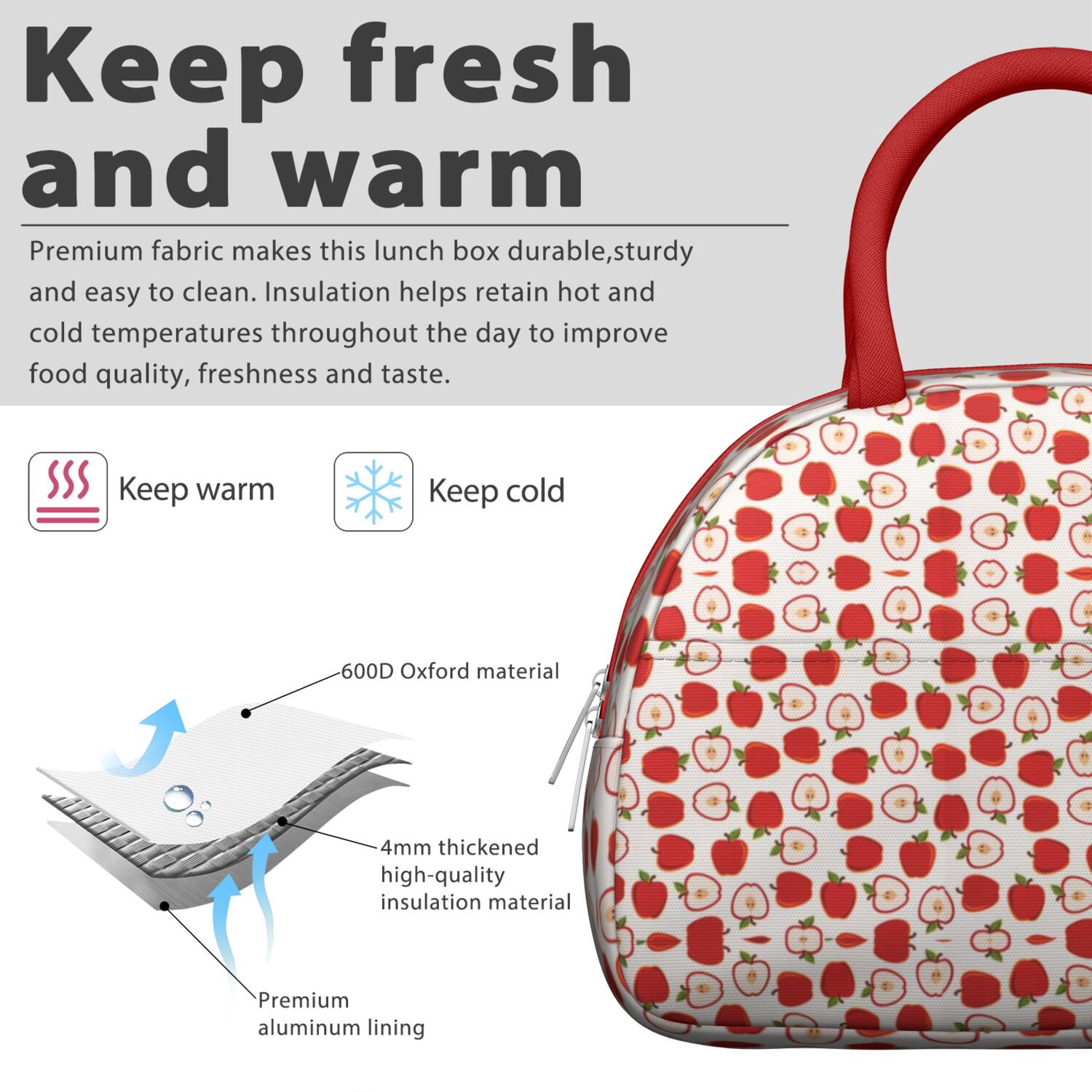 Apple Lunch Bag for Women – Cute Red & Green Fruit Print Tote with Cartoon Design and Leaves, Insulated & Leakproof, Aesthetic Lunch Box for Work or Apple Lover Gifts by CandyC