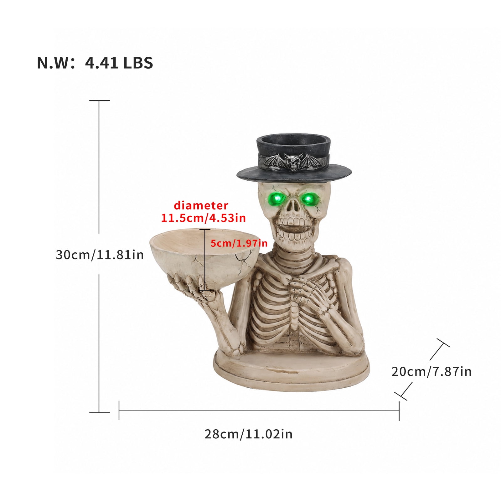 Skeleton Figurine 11.81 Inch, Halloween Storage Bowl and Candle Holder with Glowing Eyes, Spooky Indoor Decor for Home and Party, White and Black