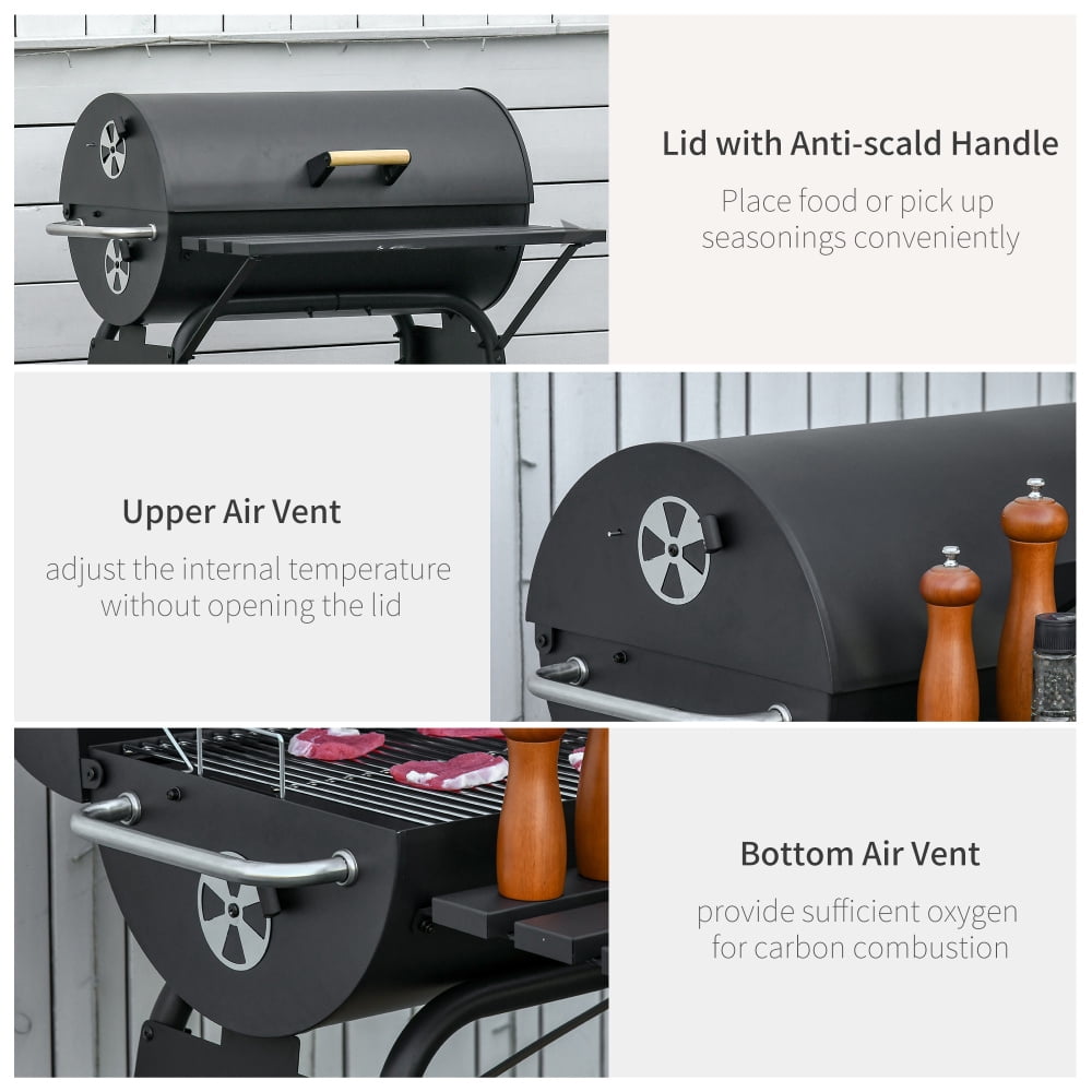 Tcbosik Barrel Charcoal Grill with Side Shelf, Barbecue Smoker Grill Combo with Storage Rack and Wheels, BBQ Grill for Outdoor, Camping, Picnic, Party, Black