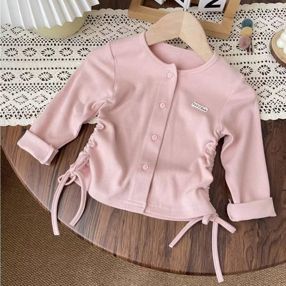 Girls Tshirts Slim Fit Ruched Buttons Solid Print Crew Neck Long Sleeve Jacket for Everyday Wear Girls' Tops Tees Blouses Pink 18 Months-24 Months