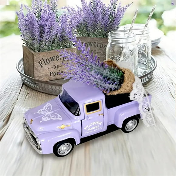 Home Decor Clearance Lavender Home Decor Metal Truck With Faux Lavender Bouquet Vintage Pickup Truck Farmhouse Decor Desktop Layered Tray Decor Mini Die Truck Decoration Spring Decor, Purple