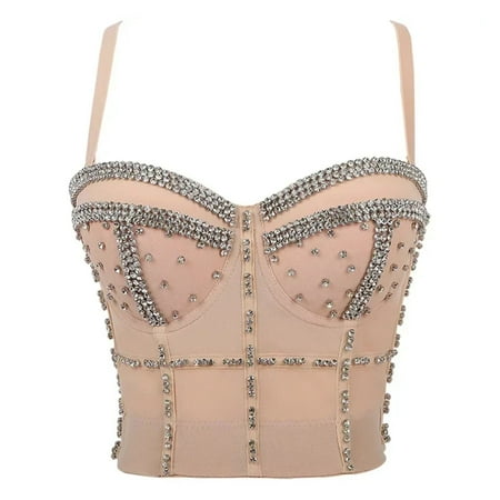Women s Tank Top Luxury Sequin Rhinestone Pearl Wedding Push-up Bra Women s Dress Stage Women s Crop Corset Y2k Blush