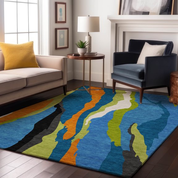 Addison Rugs Mayfield Premium Machine Washable Transitional Waves Denim Rectangle Rug, 5' x 7'6"