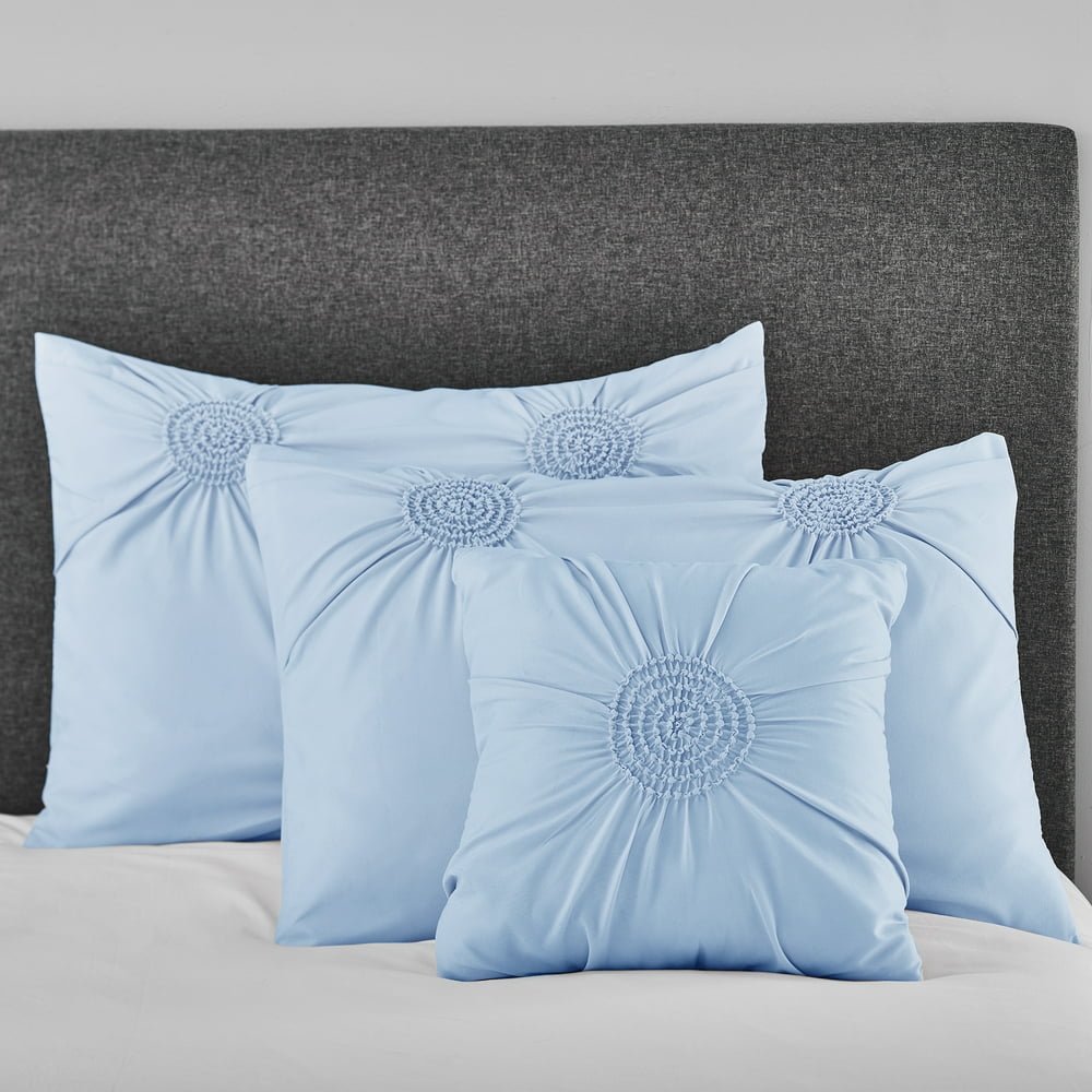 Mainstays Circle Ruched Solid King Sham and Decorative Pillow Set, Light Blue