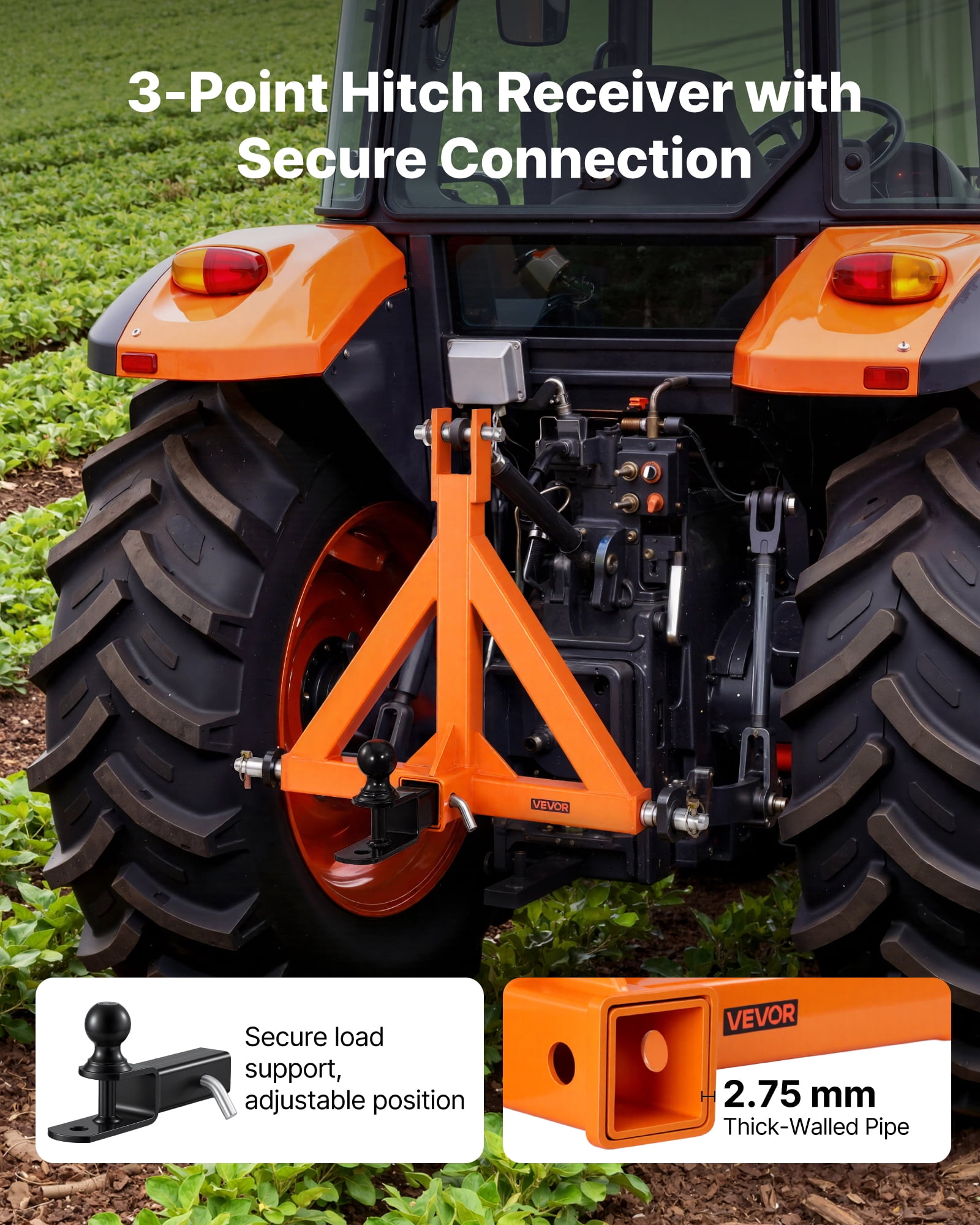 VEVOR 3 Point Trailer Hitch with 2" Receiver, 3 Pt Quick Hitch Attachment with Trailer Ball, Tractor Tow Drawbar Adapter, Fits Category 1, Kubota, Mahindra, Ford, Yanmar, John Deere, Massey Ferguson