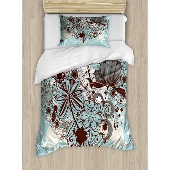 Grunge Duvet Cover Set, Murky Floral Dragonfly Background with Swirls and Petal Retro Graphic, Decorative 2 Piece Bedding Set with 1 Pillow Shams, Twin Size, Pale Blue Chestnut Brown, by Ambesonne