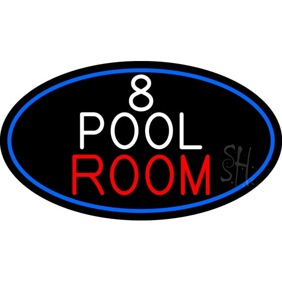 8 Pool Room Oval With Blue Border LED Neon Sign 20 x 37 - inches, Clear Edge Cut Acrylic Backing, with Dimmer - Bright and Premium built indoor LED Neon Sign for Bar decor.