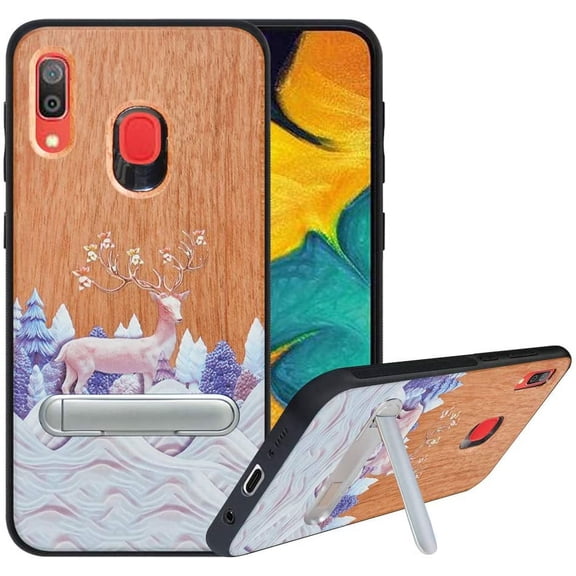Labanema Samsung Galaxy A30 2019 /A20 2019 Case, Samsung Galaxy A30 2019 /A20 2019 Cover with Metal Kickstand, Natural Wood TPU Cover, Anti Scratch Case for Samsung Galaxy A30 2019 /A20 2019 (Elk)