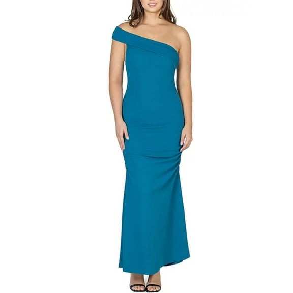 24Seven Comfort Apparel Women's Party One Shoulder Rouched Maxi Dress Teal