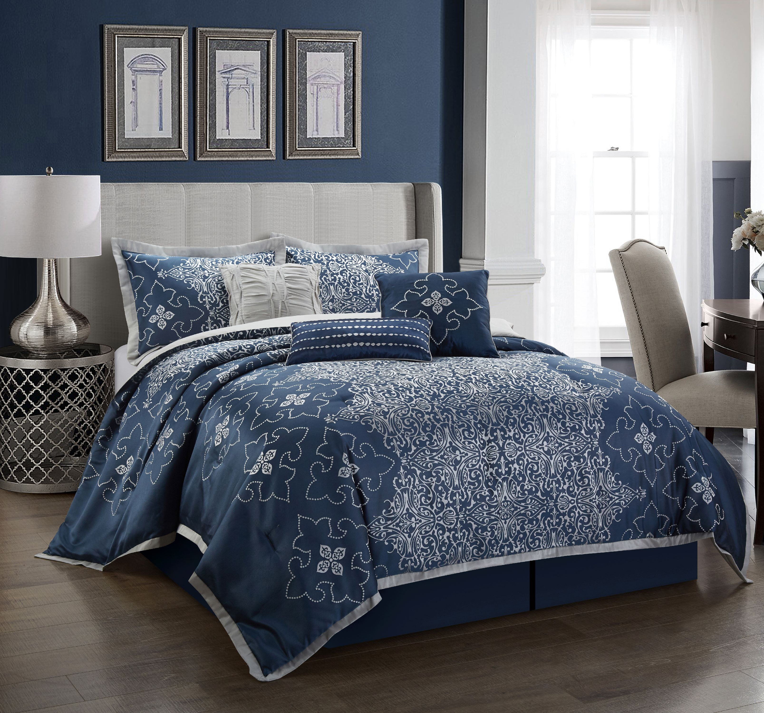 Balloon Sky Theme Navy Blue Baby Boy 7pc Nursery Crib Bedding Set Embroidered