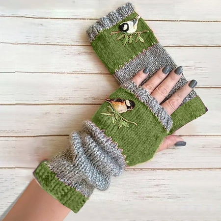 Ajshakl Heated Gloves For Women Warm Knit Women Gloves Outdoor Winter Plus Velvet Embroidere Green